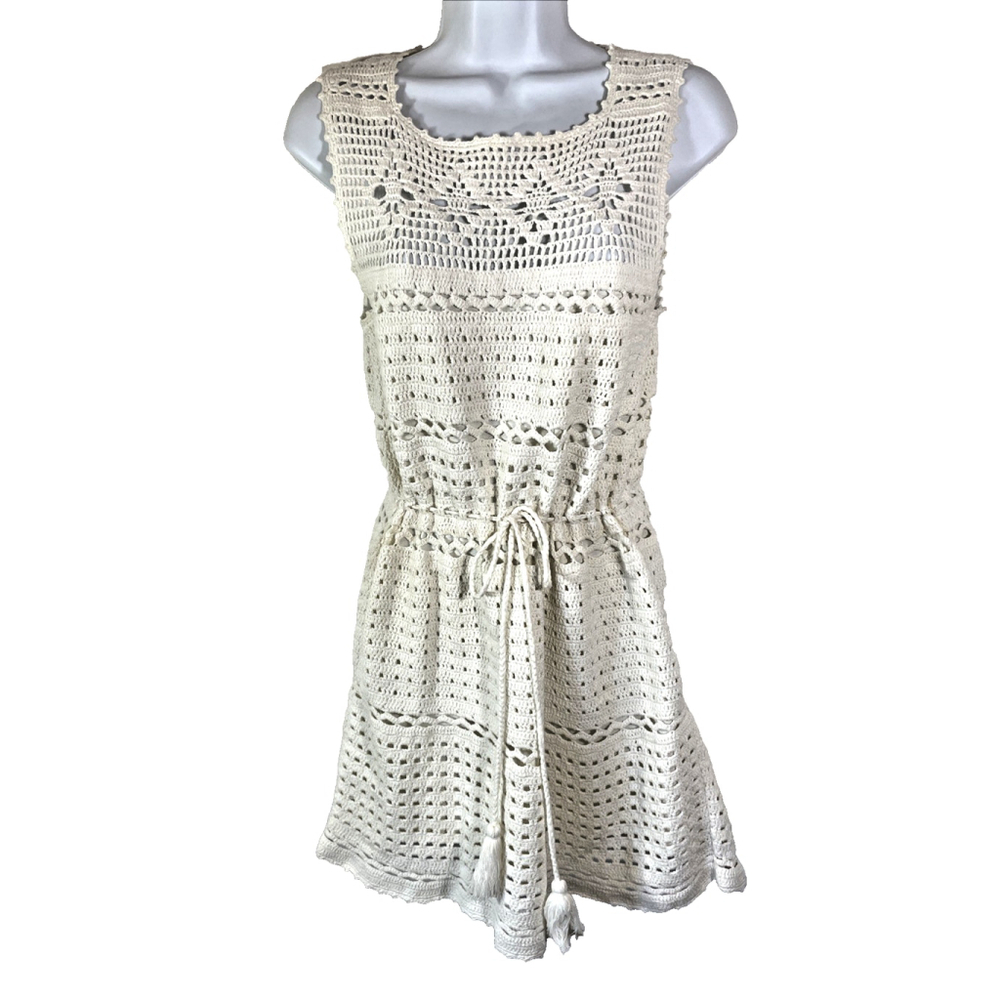 Joie Nawra White Cotton Crochet Tie Waist Pullover Sleeveless Mini Dress Sz S